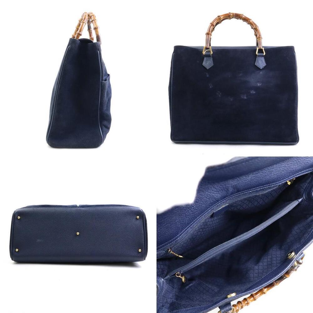 Gucci Bag Gold Navy Suede 2way Shoulder Leather Bamboo Blue Gold Blue